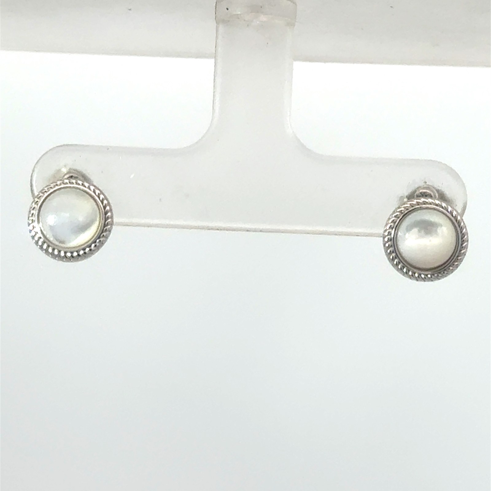 SSE MOP RZ .jpg Sterling Silver rhodium plated mother of pearl halo stud earring