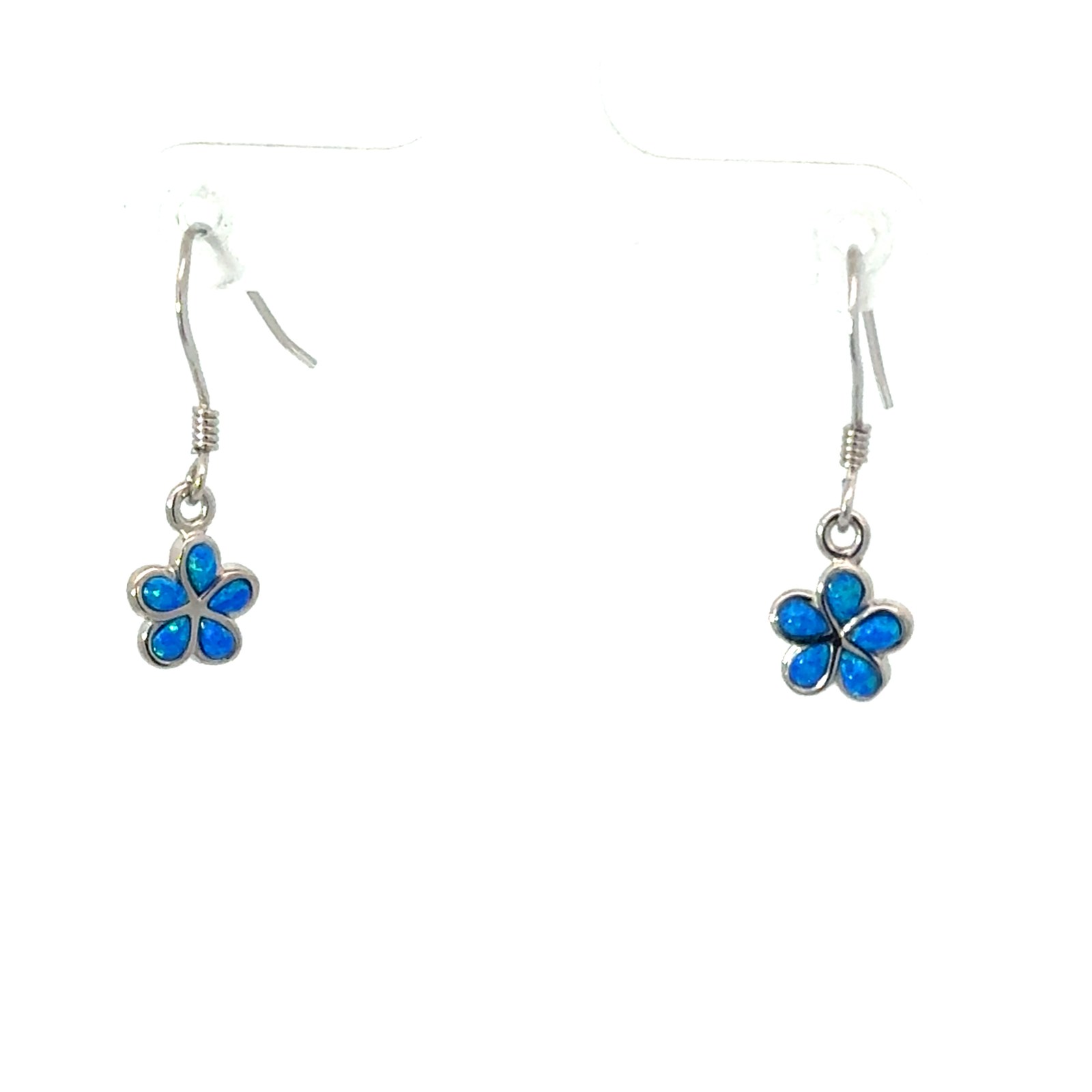 SSE OB H .jpg Sterling Silver rhodium plated created blue opal petite plumeria dangle flower earring on fish hook
