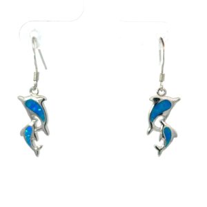 Sterling Silver rhodium plated double dolphin dangle earring on fish hook