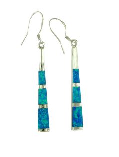 Sterling Silver created blue opal dangle bar earring on fish hook rhod plated