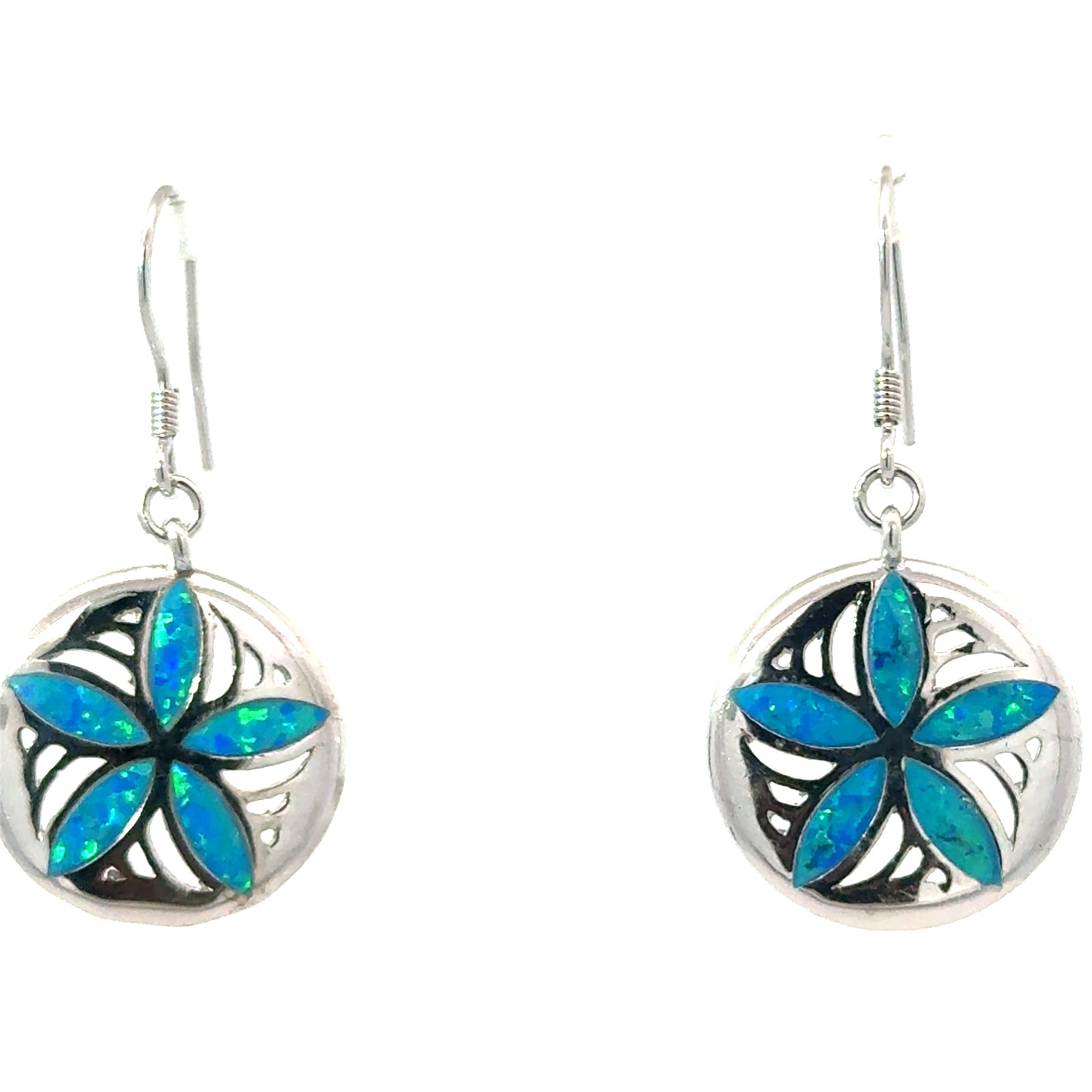 SSE OBSD H .jpg Sterling Silver rhodium plated 18mm created blue opal sanddollar dangle earrings