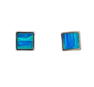Sterling Silver created blue opal square stud earring rhod plated