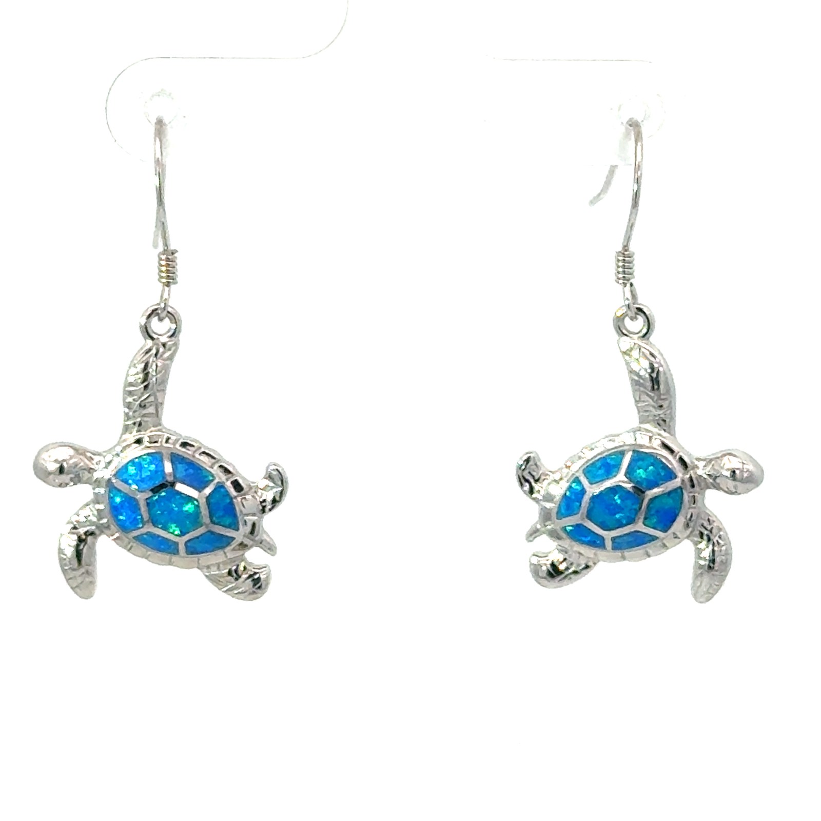 Sterling Silver rhodium plated created blue opal sea turtle dangle earring on fish hooks
