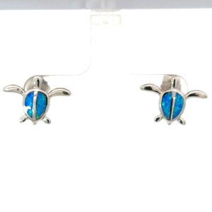 Sterling Silver rhodium plated created blue opal turtle stud earring