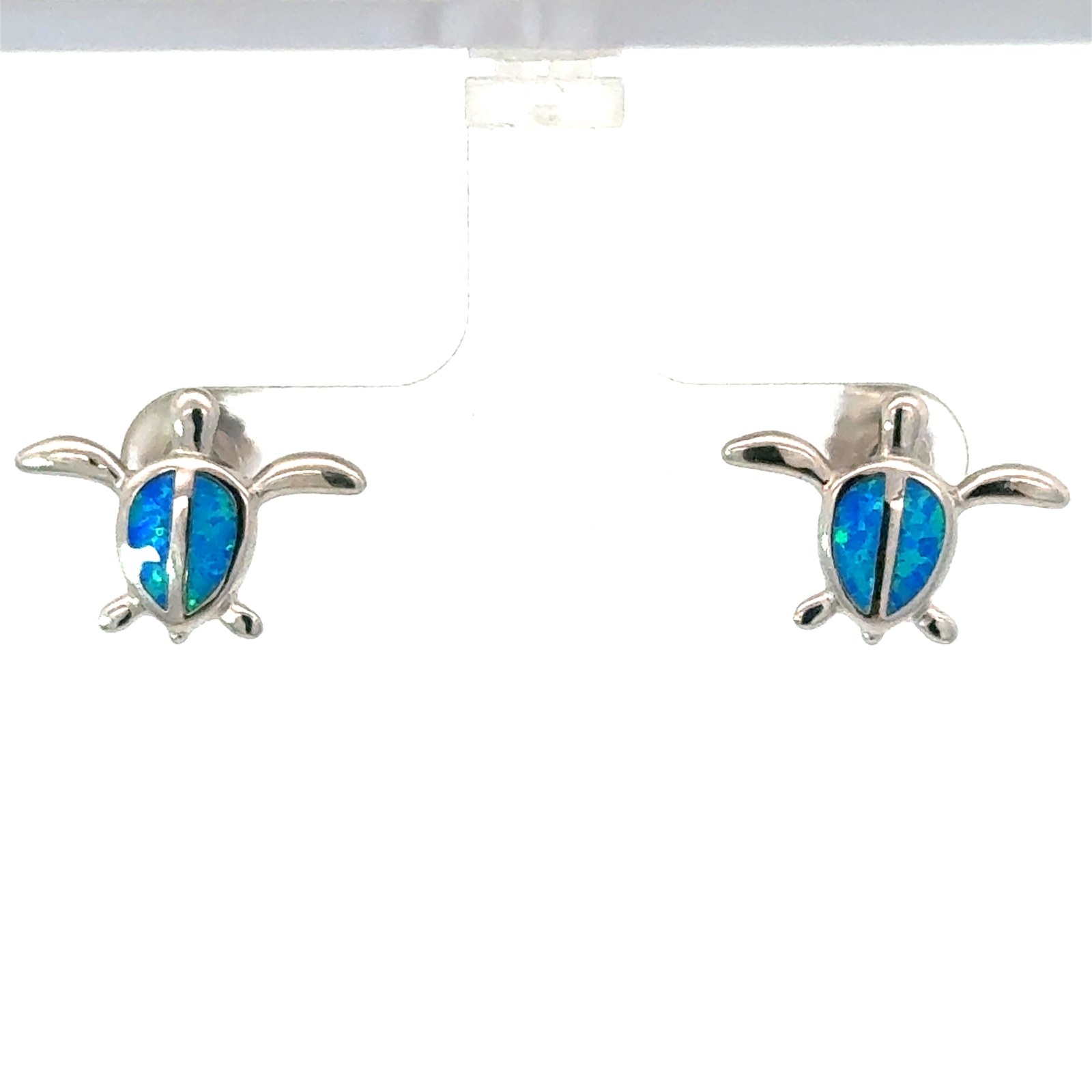 Sterling Silver rhodium plated created blue opal turtle stud earring