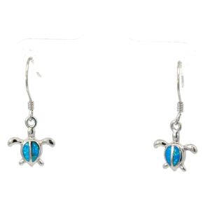 Sterling Silver rhodium plated created blue opal petite dangle turtle earring on fish hook
