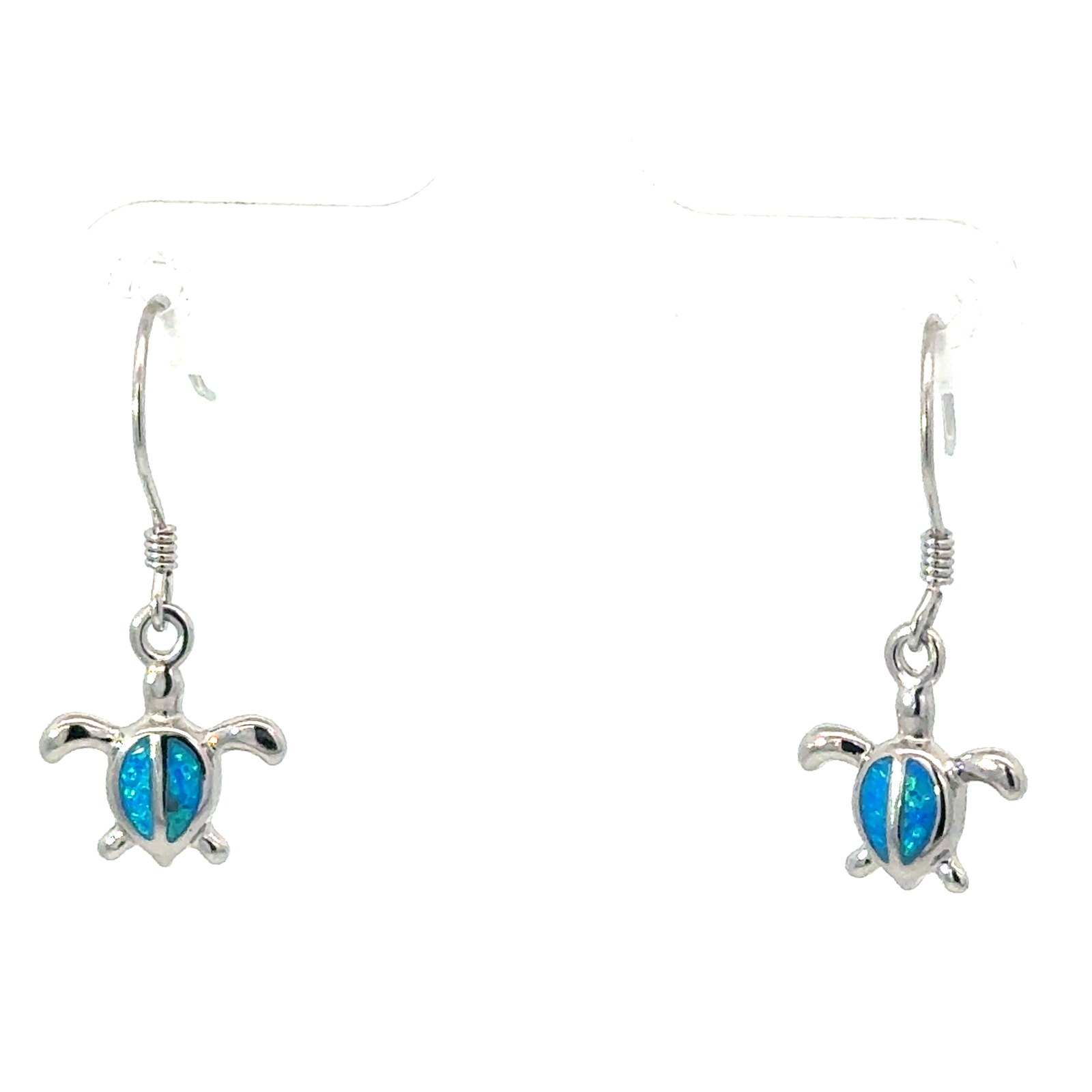 Sterling Silver rhodium plated created blue opal petite dangle turtle earring on fish hook
