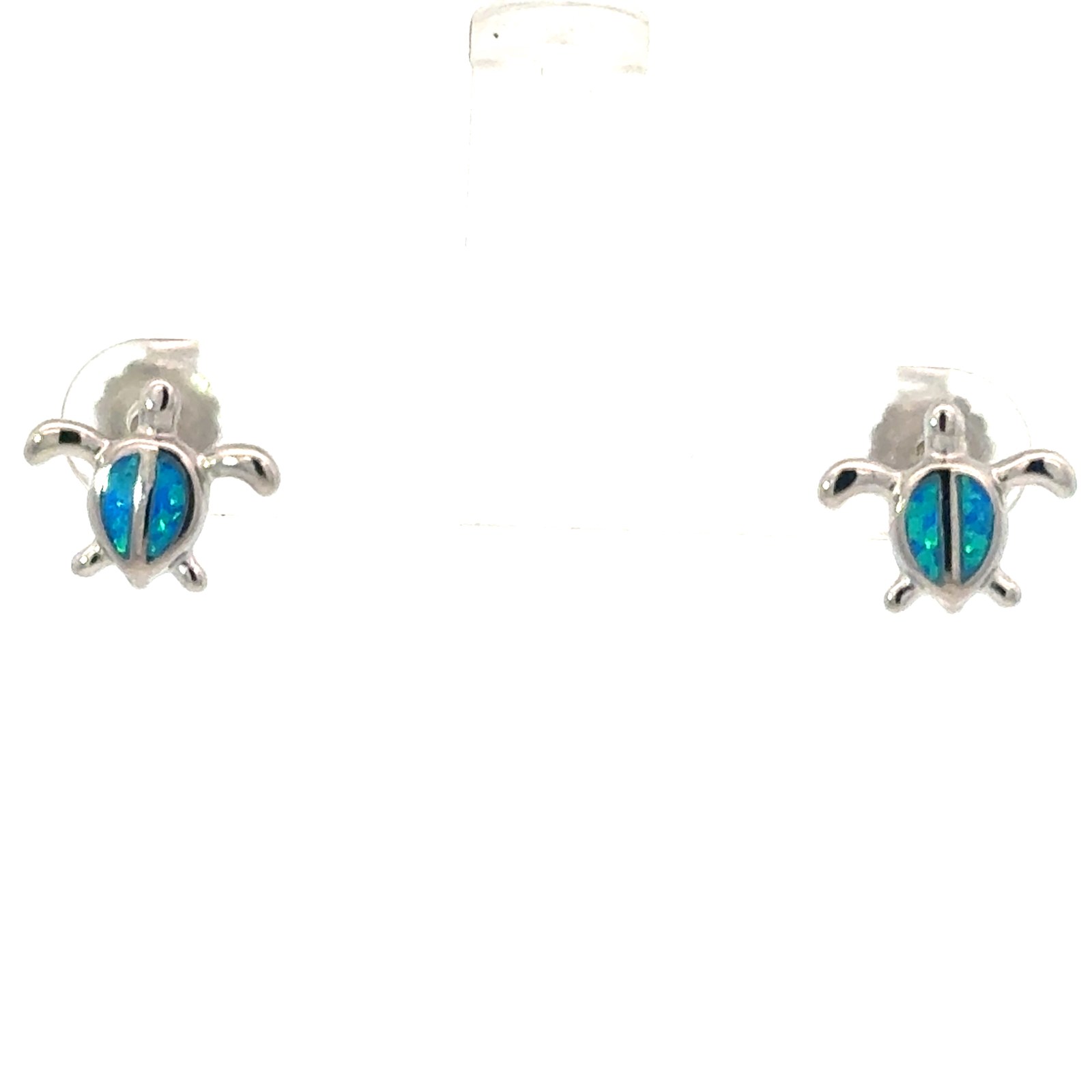 Sterling Silver rhodium plated created blue opal small turtle stud earring