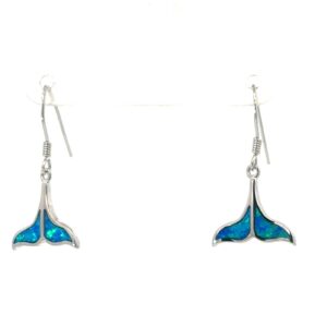 Sterling Siver rhodium plated created blue opal dolphin tail dangle earrings