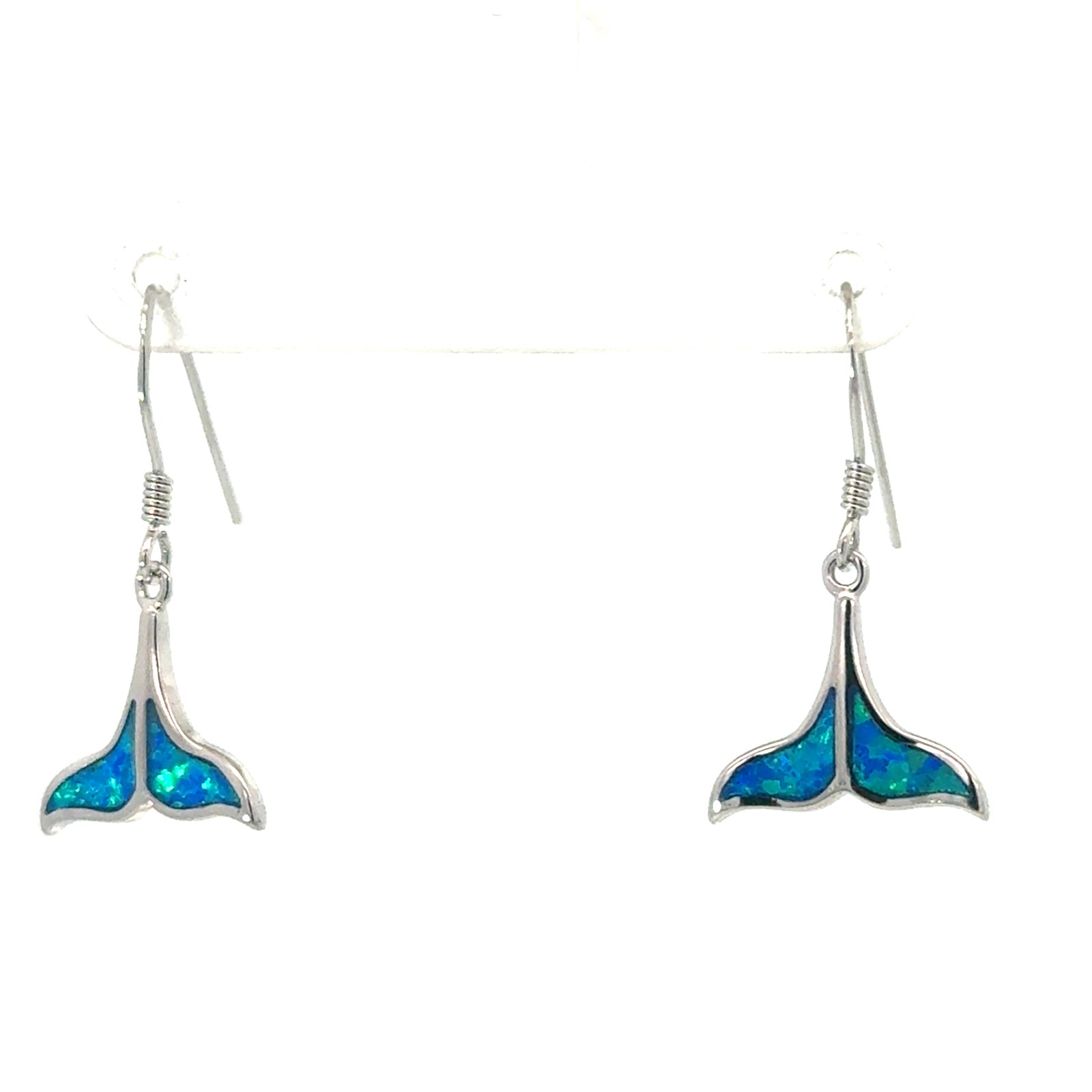 Sterling Siver rhodium plated created blue opal dolphin tail dangle earrings