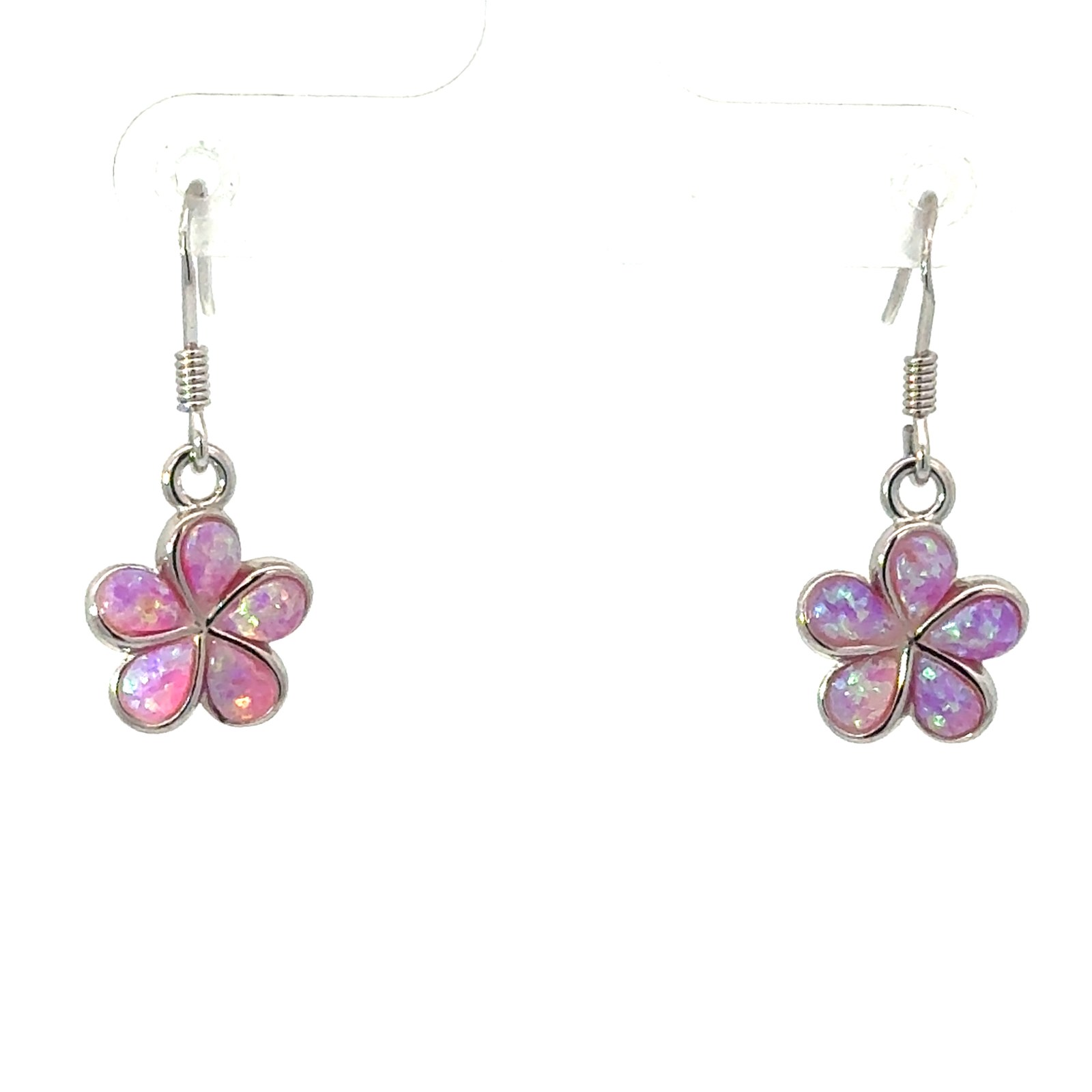 SSE OP H .jpg Sterling Silver rhodium plated created pink opal plumeria flower dangle earring on fish hooks