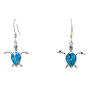 Sterling Silver Rhodium plated created blue opal dangle turtle earrings on fish hooks