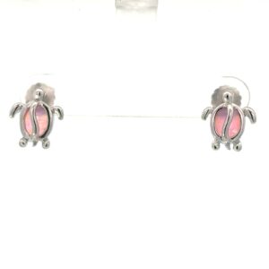 Sterling Silver Rhodium plated pink created opal turtle stud earrings