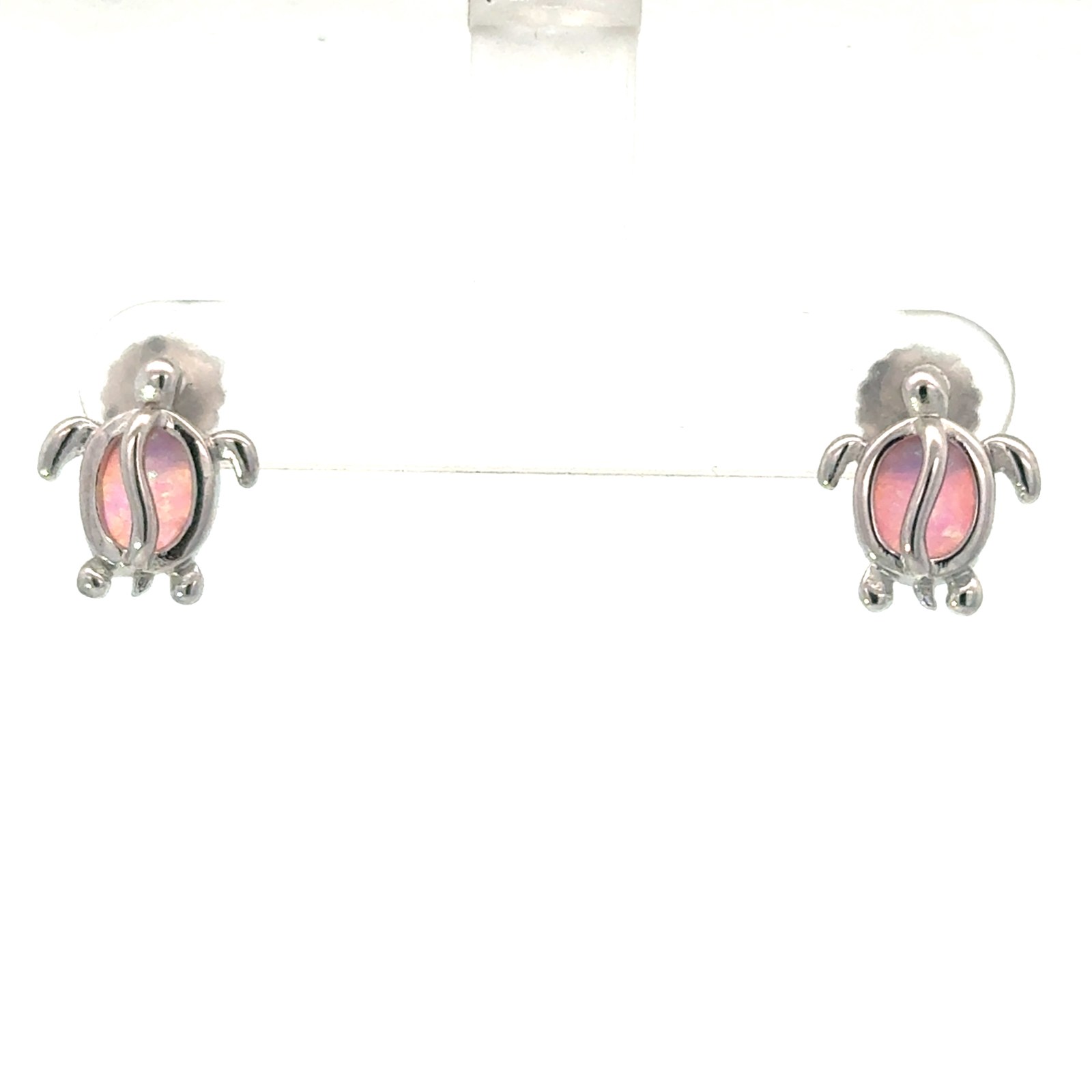 Sterling Silver Rhodium plated pink created opal turtle stud earrings