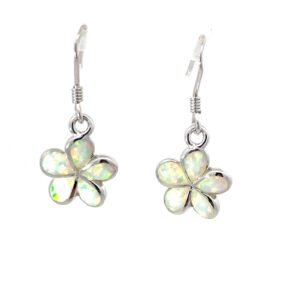 Sterling Silver created white opal inlay flower dangle earring with fish hooks