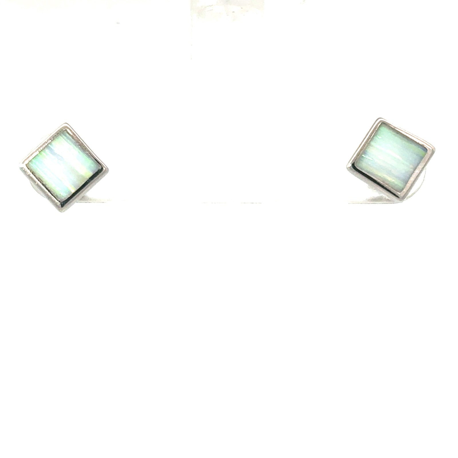 Sterling Silver Rhodium Plated Synthetic White Opal Square Stud Earrings