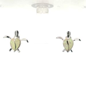 Sterling Silver Rhodium Plated Created White Opal Large Turtle Stud Earring