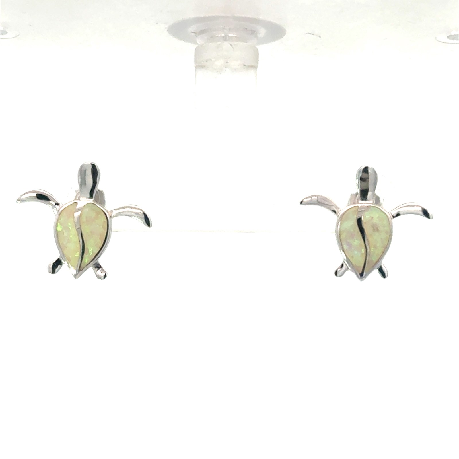 Sterling Silver Rhodium Plated Created White Opal Large Turtle Stud Earring