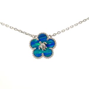 Sterling Silver rhodium plated created blue opal flower necklace with claw catch