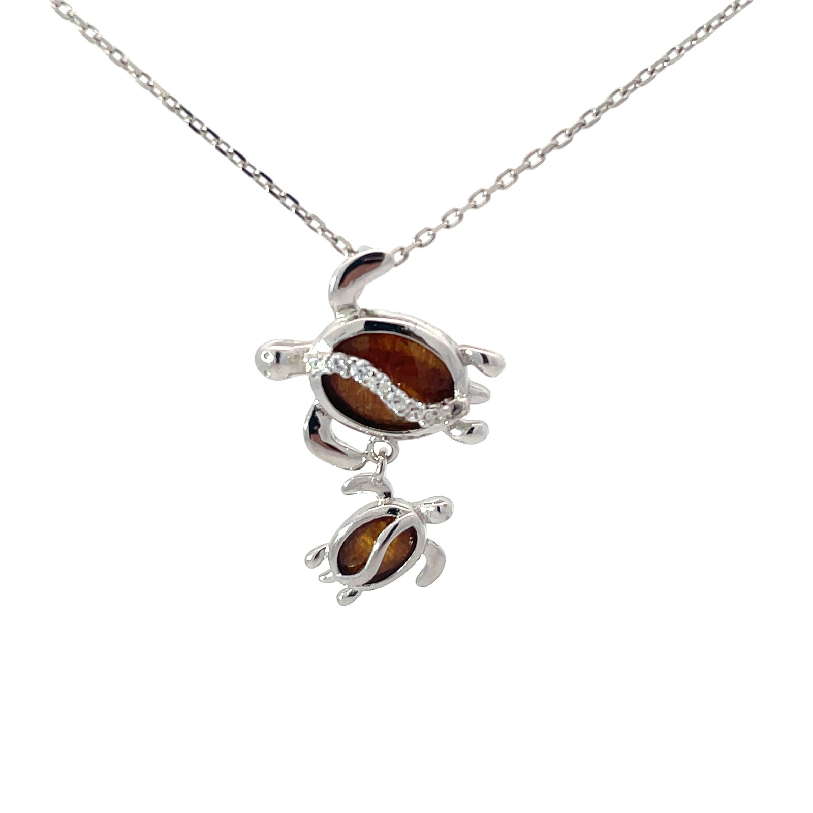 Sterling Silver wood and cubic zirconia mother and child necklace on diamond cut cable chain 18"