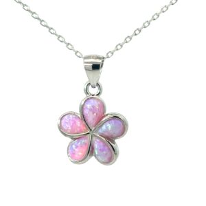 Sterling Silver rhodium plated created pink opal plumeria flower pendant on 1.2mm diamond cut cable chain 18"