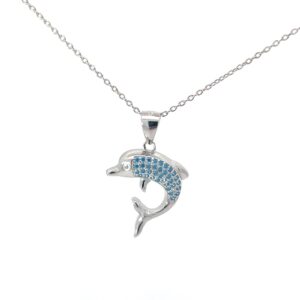 Sterling Silver blue cubic zirconia pave dolphin pendant on 18" cable chain