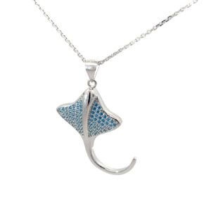 Sterlng Silver blue cubic zirconia mantua pendant on diamond cut cable chain 18"
