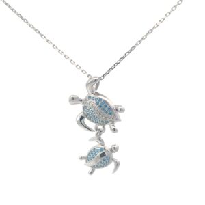 Sterling Silver mother and child blue cubic zirconia turtle pendant on diamond cut 1.4mm cable chain 18"