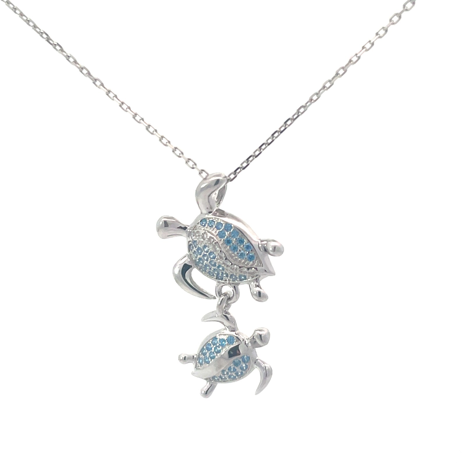SSP BT .jpg Sterling Silver mother and child blue cubic zirconia turtle pendant on diamond cut 1.4mm cable chain 18"