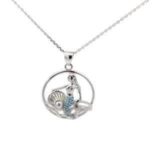 Sterling Silver rhodium plated blue topaz mermaid cut circle pendant on diamond cut cable chain 18"