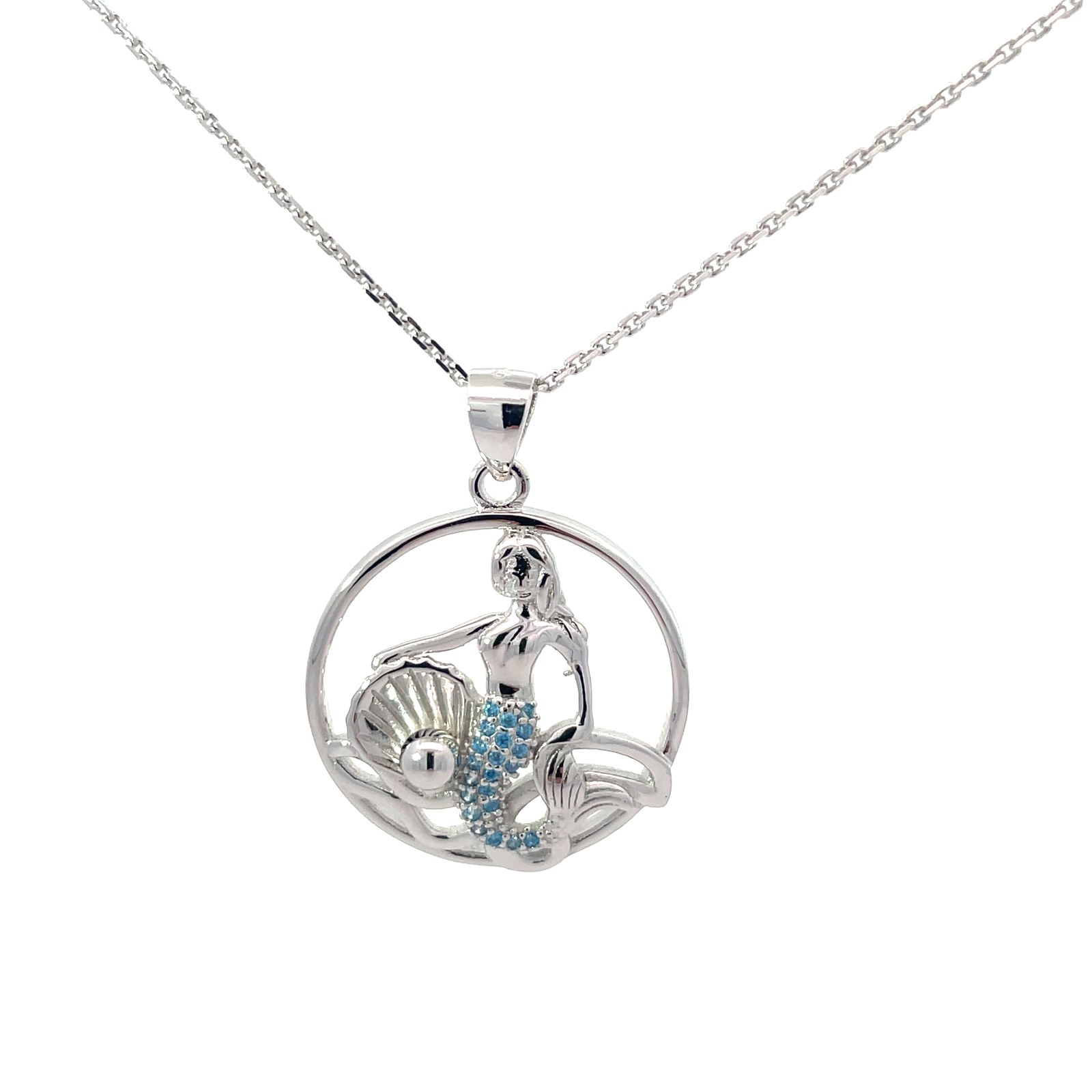 SSP BWVMM .jpg Sterling Silver rhodium plated blue topaz mermaid cut circle pendant on diamond cut cable chain 18"