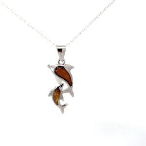 Sterlig Silver wood inlay mother and child dolphin pendant on diamond cut cable chain 18"