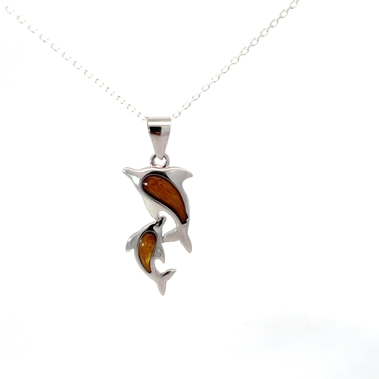 SSP KD .jpg Sterlig Silver wood inlay mother and child dolphin pendant on diamond cut cable chain 18"