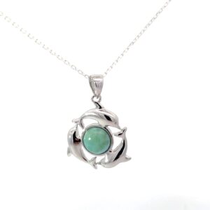 Sterling Silver rhodium plated genuine larimar circle dolphin necklace on diamond cut cable chain 18"