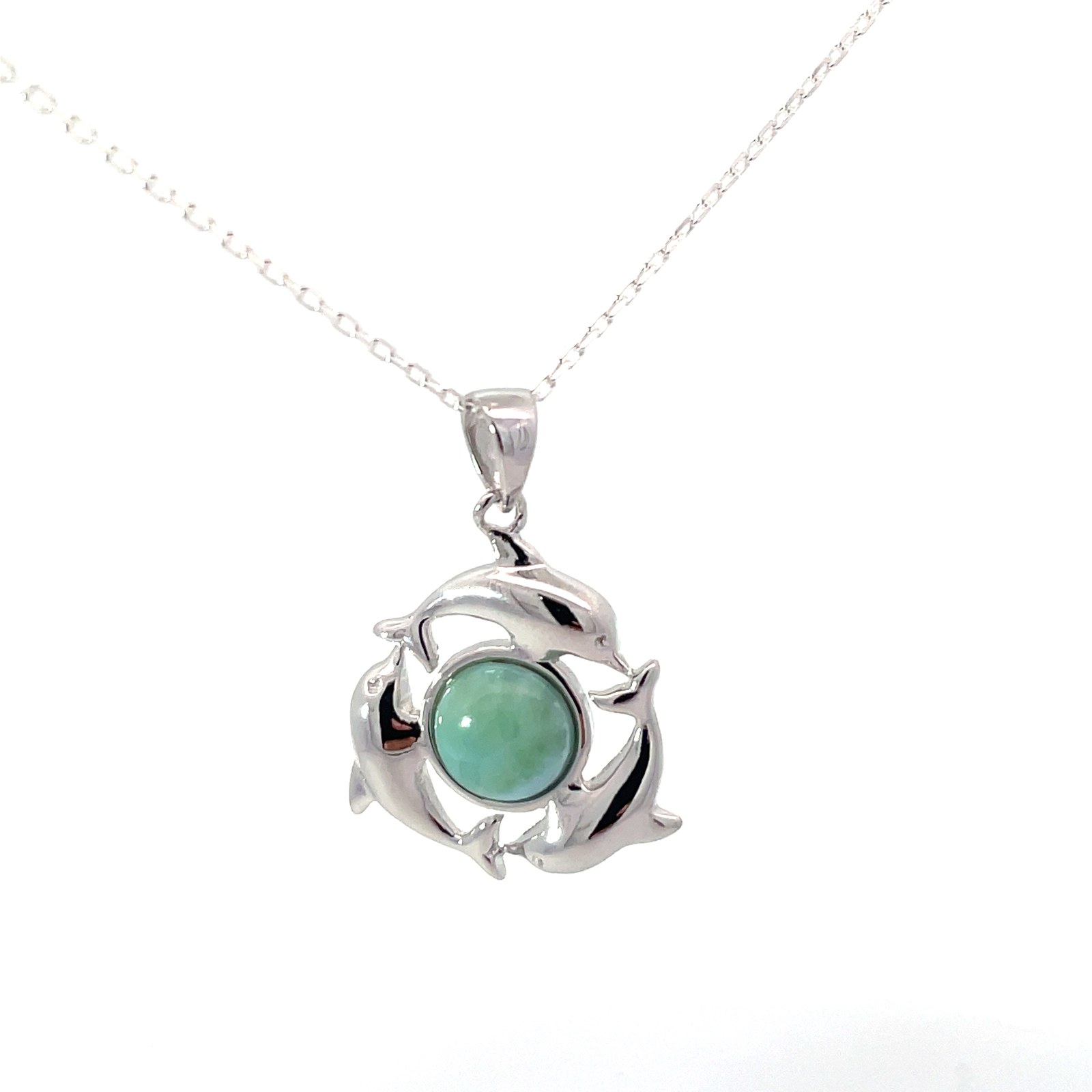 Sterling Silver rhodium plated genuine larimar circle dolphin necklace on diamond cut cable chain 18"