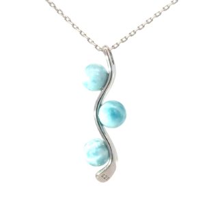 Sterling Silver rhodium plated genuine larimar tripple ball waterfall necklace on 1.2mm diamond cut cable chain 18"