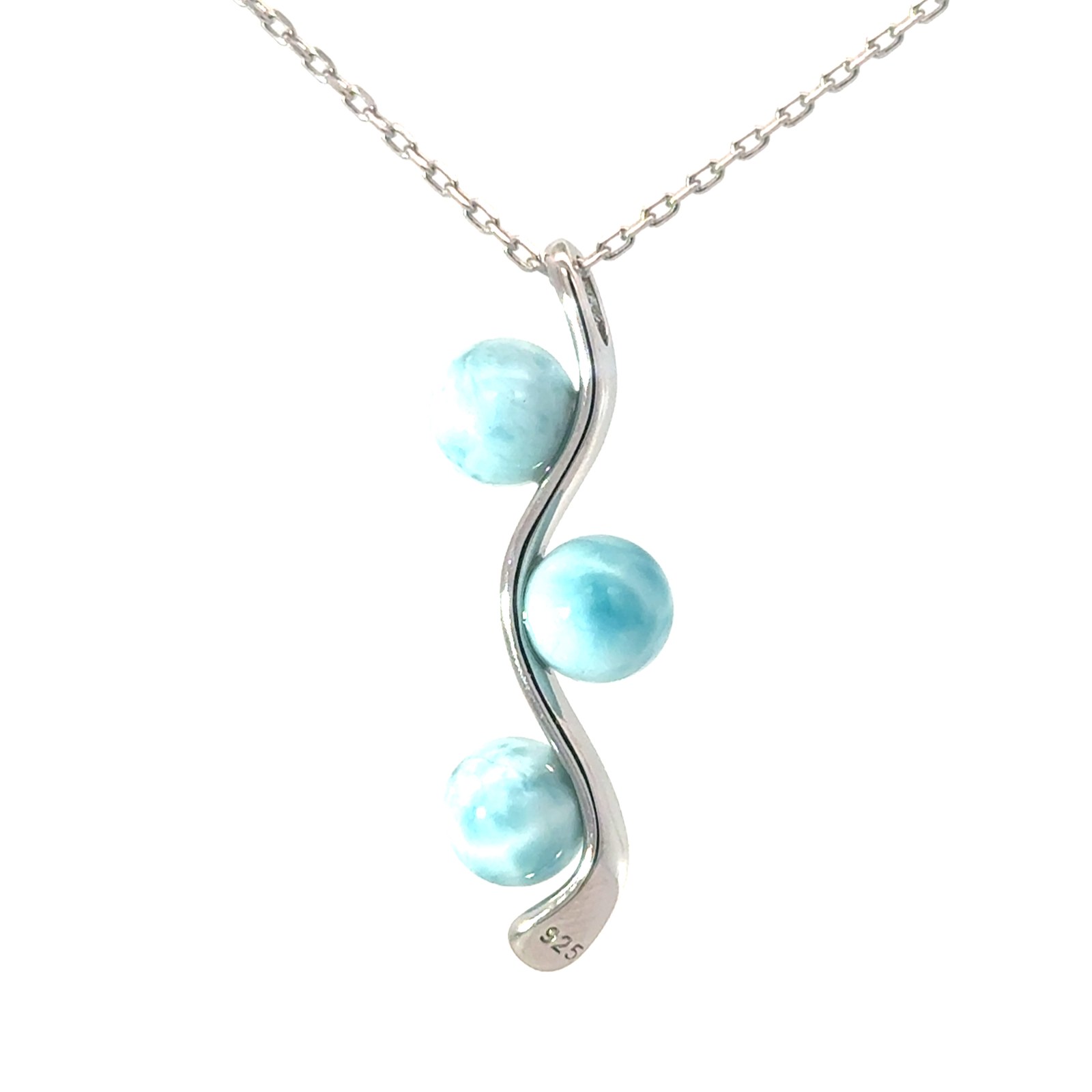 Sterling Silver rhodium plated genuine larimar tripple ball waterfall necklace on 1.2mm diamond cut cable chain 18"