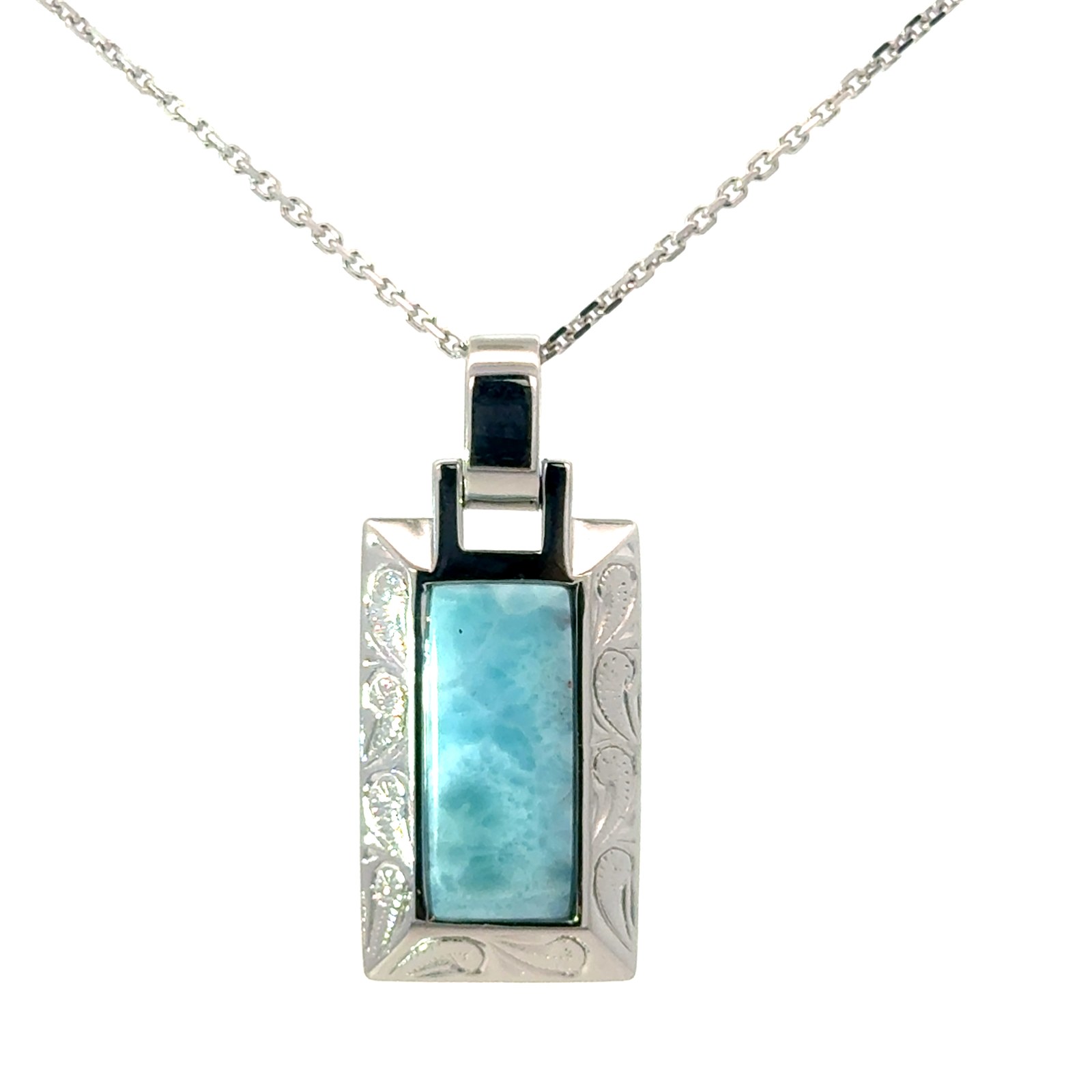 Sterling Silver Rhodium Plated genuine larimar rectangle scrolled pendant 1.4mm diamond cut cable chain 18"