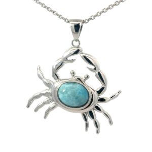 Sterling Silver Rhodium Plated Genuine Larimar Crab Pendant On Diamond Cut cable Link Chain 18"