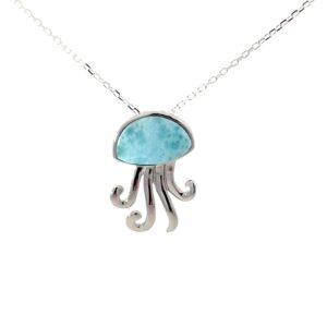 Sterling Silver Rhodium Plated Genuine Larimare Jellyfish Pendant On A Diamond Cut Cable Chain 18"