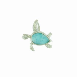 Sterling Silver rhodium plated genuine larimar sea turtle pendant on 1.4mm diamond cut cable chain 18"