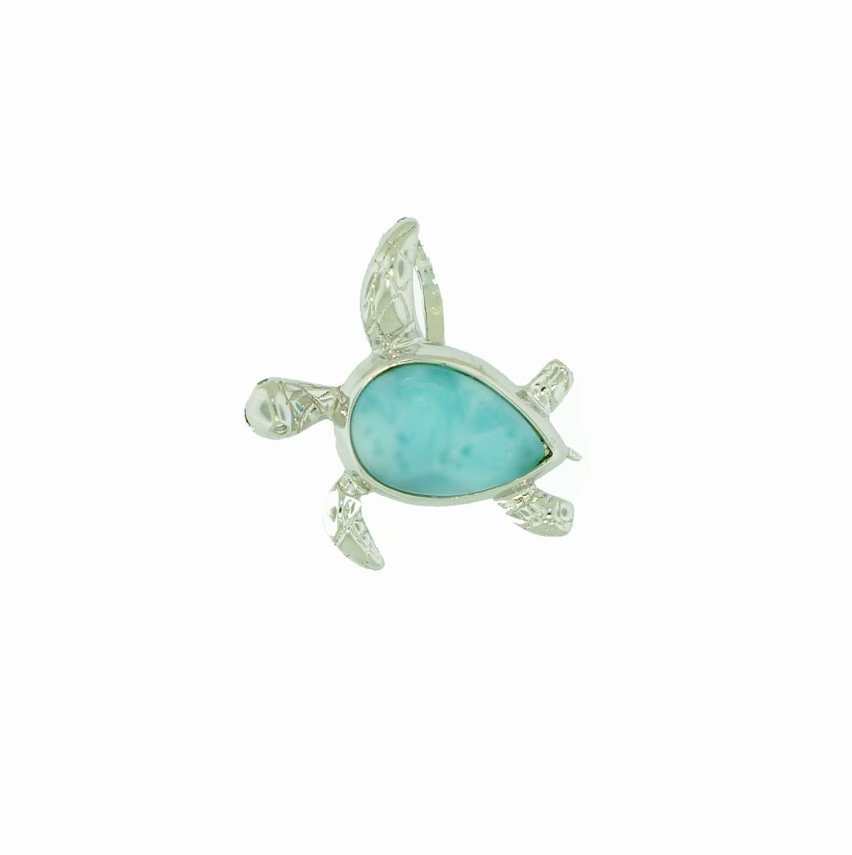 Sterling Silver rhodium plated genuine larimar sea turtle pendant on 1.4mm diamond cut cable chain 18"