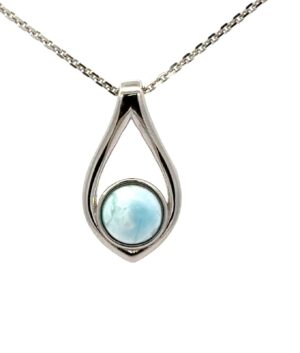 Sterling Silver rhodium plated genuine larimar raindrop pendant on 1.4mm diamond cut cable chain 18"