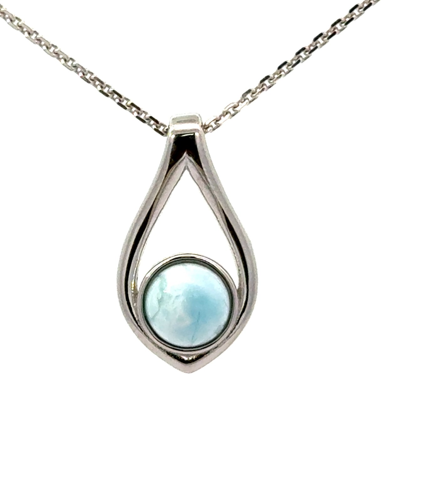 Sterling Silver rhodium plated genuine larimar raindrop pendant on 1.4mm diamond cut cable chain 18"