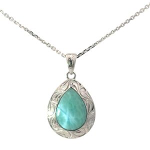 Sterling Silver Rhodium Plated Genuine Larimar Pear Shaped Pendant With Scroll work on diamond cut cable chain 18"