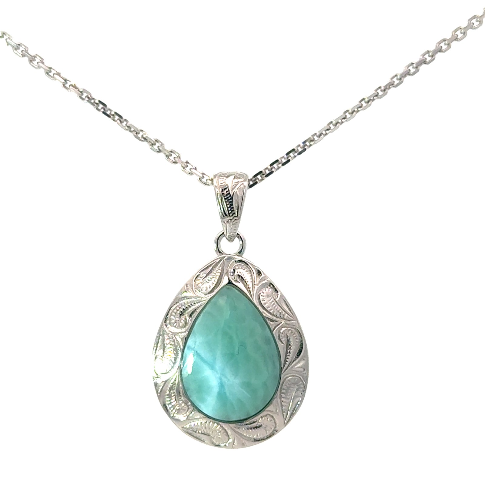 Sterling Silver Rhodium Plated Genuine Larimar Pear Shaped Pendant With Scroll work on diamond cut cable chain 18"