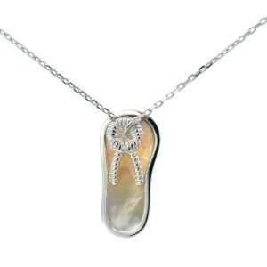 Sterling Silver rhodium plated mother of pear flip flop hibiscus pendant on 1.2mm diamond cut cable chain 18"