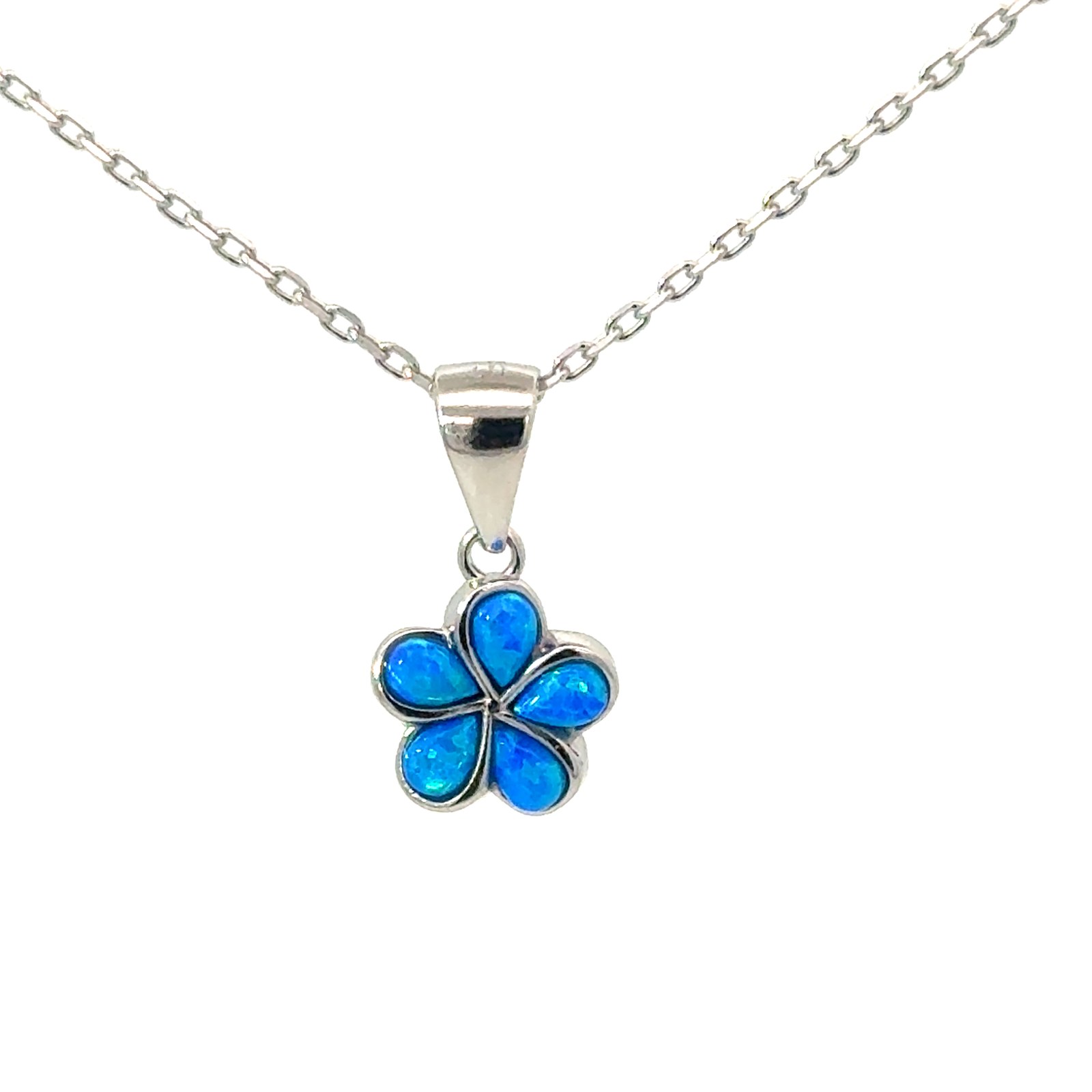SSP OB .jpg Sterling Silver rhodium plated created blue opal plumeria petite flower pendant on 1.2mm diamond cut cable chain 18"
