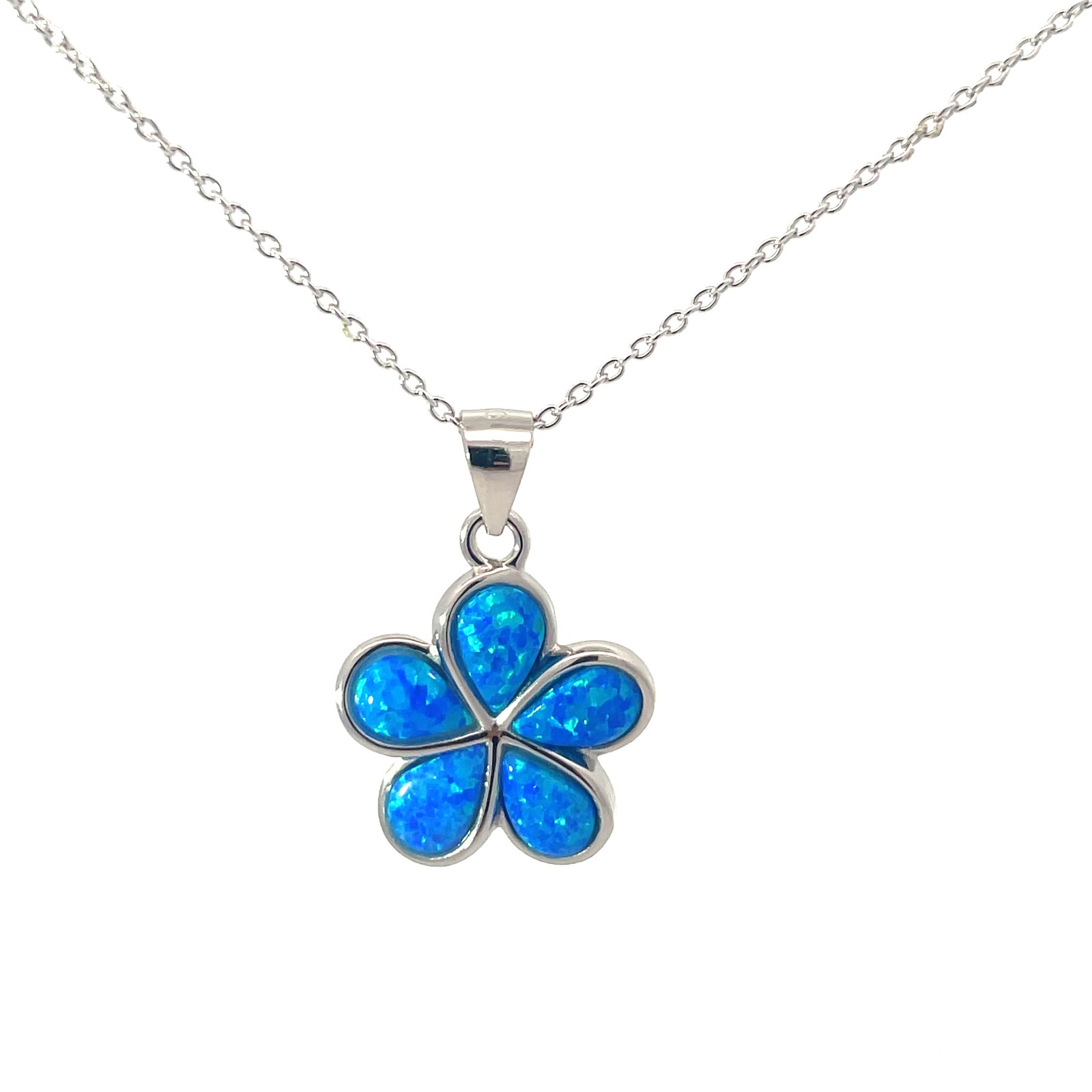 SSP OB Sterling Silver created blue opal inlay flower pendant on cable chain 18"