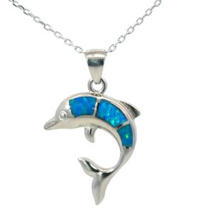 Sterling Silver rhodium plated created blue opal dolphin pendant on 1.2mm diamond cut cable chain 18"